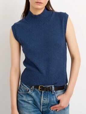 New Alex Mill Cotton Blend Mock Neck Vest Blue Large $125